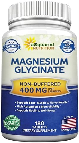 Suplemento de Magnesio Glycinate aSquared Nutrition 400mg - 180 Tabletas - Máxima Potencia y Absorción - No GMO - Soporte para Músculos, Huesos y - imagen 1