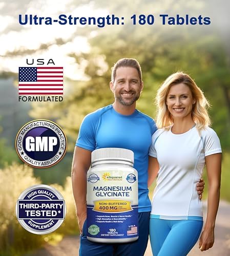 Suplemento de Magnesio Glycinate aSquared Nutrition 400mg - 180 Tabletas - Máxima Potencia y Absorción - No GMO - Soporte para Músculos, Huesos y - imagen 2