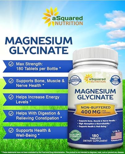 Suplemento de Magnesio Glycinate aSquared Nutrition 400mg - 180 Tabletas - Máxima Potencia y Absorción - No GMO - Soporte para Músculos, Huesos y - imagen 3