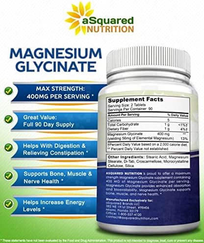 Suplemento de Magnesio Glycinate aSquared Nutrition 400mg - 180 Tabletas - Máxima Potencia y Absorción - No GMO - Soporte para Músculos, Huesos y - imagen 6