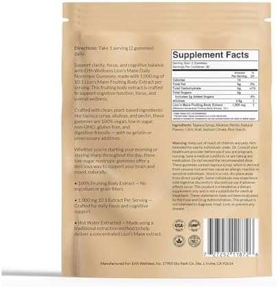 Gomitas de Hongo Lion’s Mane de Erth Wellness – 1000mg de Extracto por Porción – Apoyo para el Cerebro y la Concentración – Nootrópico Diario – - imagen 2