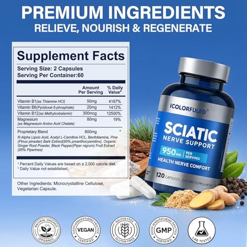 Cápsulas para el Nervio Ciático, Suplemento de Soporte Nervioso con 300mg de Ácido Alfa Lipoico y Vitaminas B, 120 Cápsulas para Comodidad en Cadera, - imagen 7