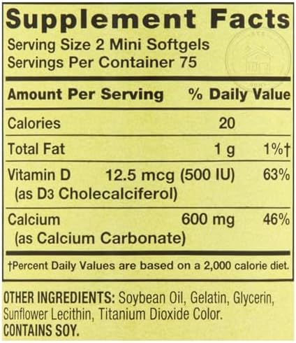 Suplemento de Calcio Spring Valley con Vitamina D3, 150 Mini Softgels de 600 mg + Sticker STS - imagen 5