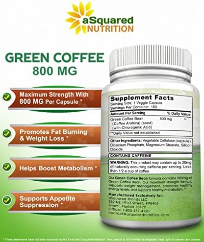 Fórmula Natural de Granos de Café Verde aSquared Nutrition - 180 Cápsulas - Máxima Potencia GCA Antioxidante para Pérdida de Peso, 800mg por Píldora - imagen 5