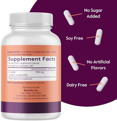 BESTVITE L-Lisina 500mg (240 Cápsulas Veganas) - Sin Rellenos ni Estearatos - No GMO - Sin Gluten - Apoya la Piel, Labios y Salud Inmunológica* - imagen 3