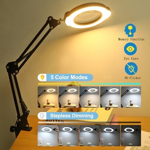 Lupa de 12X con Luz y Soporte, Lámpara de Aumento de Vidrio Real, 5 Modos de Color Regulables, 84 LEDs, Manos Libres para Trabajo Detallado, Lectura - imagen 2