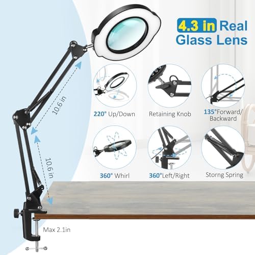 Lupa de 12X con Luz y Soporte, Lámpara de Aumento de Vidrio Real, 5 Modos de Color Regulables, 84 LEDs, Manos Libres para Trabajo Detallado, Lectura - imagen 3