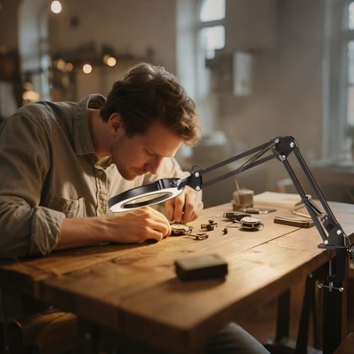 Lupa de 12X con Luz y Soporte, Lámpara de Aumento de Vidrio Real, 5 Modos de Color Regulables, 84 LEDs, Manos Libres para Trabajo Detallado, Lectura - imagen 8