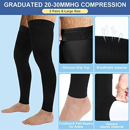 Medias de Compresión Zhanmai para Hombre, 2 Pares, Altura Muslo, Sin Pie, 20-30 mmHg, Con Banda de Silicón, XL, Para Correr y Edema, Color Negro - imagen 2