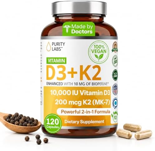 Suplemento de Vitamina D3 K2 Purity Labs 10000 IU (250mcg D3 + 200mcg K2 MK7) con Bioperine - 120 Cápsulas para Defensa Inmunológica y Salud Ósea, - imagen 1