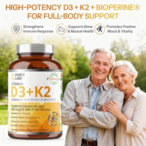 Suplemento de Vitamina D3 K2 Purity Labs 10000 IU (250mcg D3 + 200mcg K2 MK7) con Bioperine - 120 Cápsulas para Defensa Inmunológica y Salud Ósea, - imagen 2