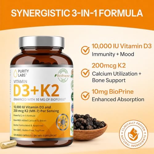 Suplemento de Vitamina D3 K2 Purity Labs 10000 IU (250mcg D3 + 200mcg K2 MK7) con Bioperine - 120 Cápsulas para Defensa Inmunológica y Salud Ósea, - imagen 4