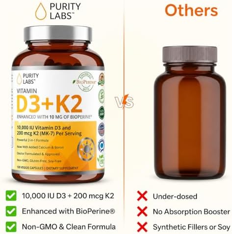 Suplemento de Vitamina D3 K2 Purity Labs 10000 IU (250mcg D3 + 200mcg K2 MK7) con Bioperine - 120 Cápsulas para Defensa Inmunológica y Salud Ósea, - imagen 5