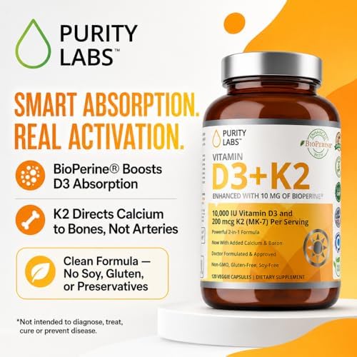 Suplemento de Vitamina D3 K2 Purity Labs 10000 IU (250mcg D3 + 200mcg K2 MK7) con Bioperine - 120 Cápsulas para Defensa Inmunológica y Salud Ósea, - imagen 7