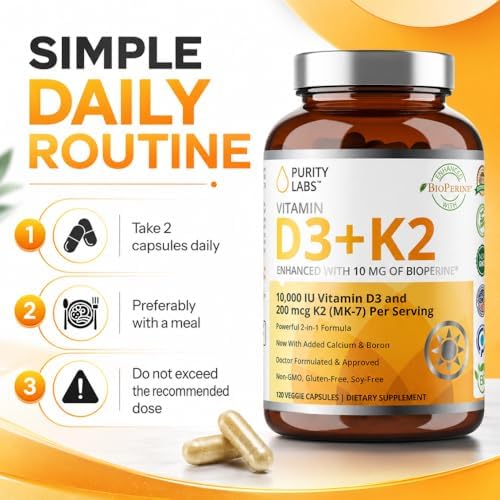 Suplemento de Vitamina D3 K2 Purity Labs 10000 IU (250mcg D3 + 200mcg K2 MK7) con Bioperine - 120 Cápsulas para Defensa Inmunológica y Salud Ósea, - imagen 8