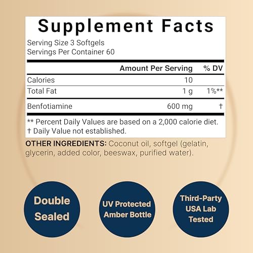 NatureBell Benfotiamina 600mg por Porción, 180 Softgels de Aceite de Coco | Vitamina B1 Liposoluble para Hombres y Mujeres, Convertida en Tiamina - imagen 2