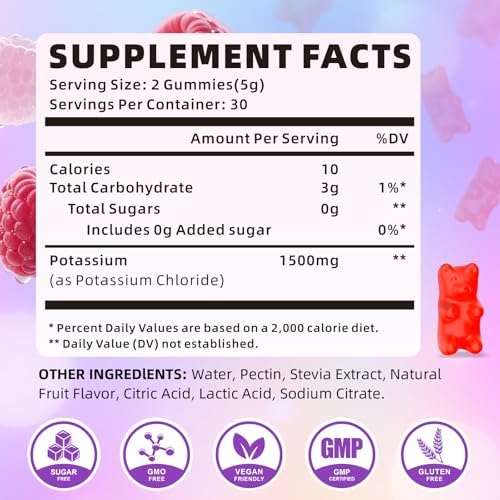 Gomitas de Potasio XIAAN para Hombres y Mujeres, Suplemento Vegano/Sin Azúcar/Sin Gluten para Calambres y Balance Electrolítico, Sabor Frambuesa, 60 - imagen 2
