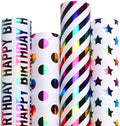Papel de Regalo Ribbli para Cumpleaños 30 Pulgadas Iridiscente, 4 Rollos con Lunares, Rayas y Estrellas - 120 Pulgadas (10 Pies) por Rollo - imagen 1