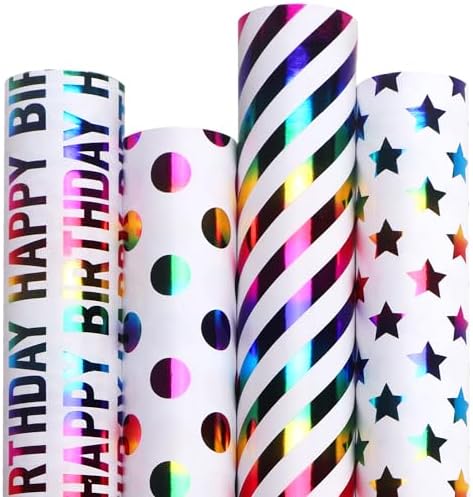 Papel de Regalo Ribbli para Cumpleaños 30 Pulgadas Iridiscente, 4 Rollos con Lunares, Rayas y Estrellas - 120 Pulgadas (10 Pies) por Rollo - imagen 1