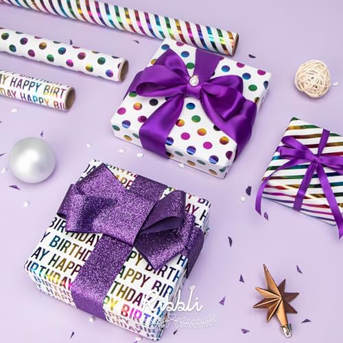 Papel de Regalo Ribbli para Cumpleaños 30 Pulgadas Iridiscente, 4 Rollos con Lunares, Rayas y Estrellas - 120 Pulgadas (10 Pies) por Rollo - imagen 3