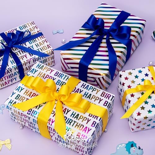 Papel de Regalo Ribbli para Cumpleaños 30 Pulgadas Iridiscente, 4 Rollos con Lunares, Rayas y Estrellas - 120 Pulgadas (10 Pies) por Rollo - imagen 4