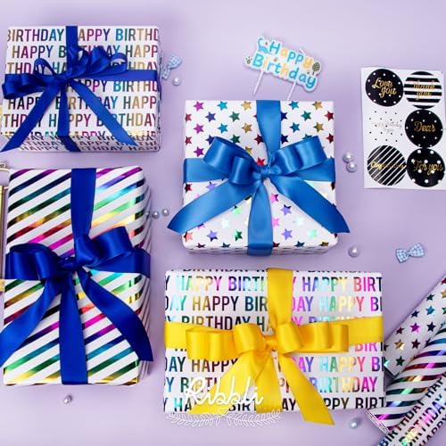 Papel de Regalo Ribbli para Cumpleaños 30 Pulgadas Iridiscente, 4 Rollos con Lunares, Rayas y Estrellas - 120 Pulgadas (10 Pies) por Rollo - imagen 5