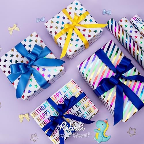 Papel de Regalo Ribbli para Cumpleaños 30 Pulgadas Iridiscente, 4 Rollos con Lunares, Rayas y Estrellas - 120 Pulgadas (10 Pies) por Rollo - imagen 6