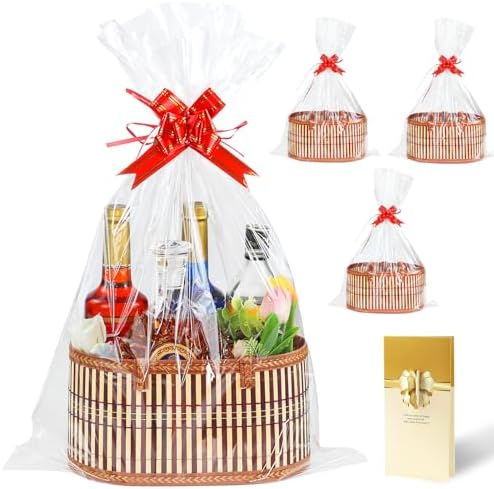Juego de 3 Cestas de Regalo Vacías, Cesta Grande de Bambú Tejido con Asas, Resistentes para Graduaciones y Cumpleaños - Incluye 3 Bolsas de Celofán y - imagen 1