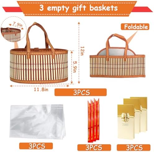 Juego de 3 Cestas de Regalo Vacías, Cesta Grande de Bambú Tejido con Asas, Resistentes para Graduaciones y Cumpleaños - Incluye 3 Bolsas de Celofán y - imagen 2
