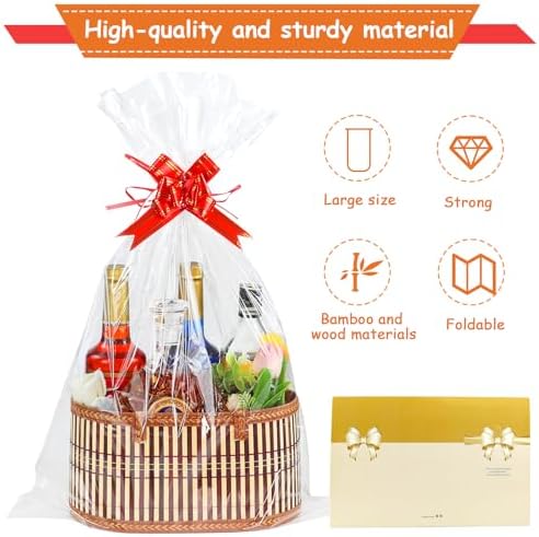 Juego de 3 Cestas de Regalo Vacías, Cesta Grande de Bambú Tejido con Asas, Resistentes para Graduaciones y Cumpleaños - Incluye 3 Bolsas de Celofán y - imagen 3