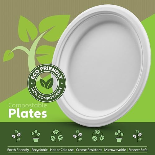Platos Desechables de Papel 100% Compostables - Paquete de 150 Platos Biodegradables de 9 Pulgadas en Color Blanco, Hechos de Bagazo de Caña de - imagen 2