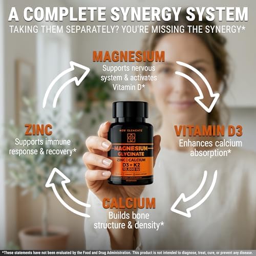 Glicinato de Magnesio 1500mg con Vitamina D3 K2 + Zinc y Calcio | D3 10,000 UI | K2 200mcg | Calcio 50mg | Zinc 50mg | Soporte para Huesos, Músculos - imagen 6