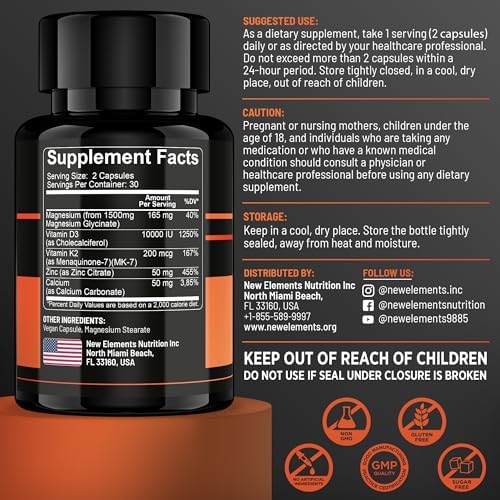 Glicinato de Magnesio 1500mg con Vitamina D3 K2 + Zinc y Calcio | D3 10,000 UI | K2 200mcg | Calcio 50mg | Zinc 50mg | Soporte para Huesos, Músculos - imagen 7