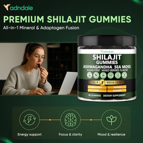 Gomitas de Shilajit Natural Himalayo Adndale para Hombres y Mujeres, Sabor a Berries Mixtas Sin Azúcar - con Ashwagandha, Musgo Marino, Melena de - imagen 2