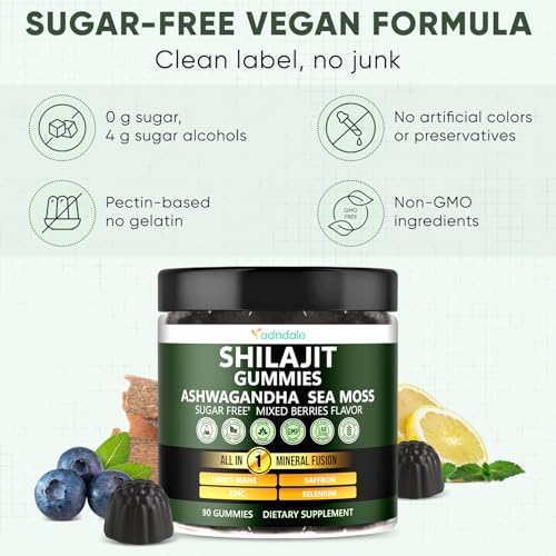 Gomitas de Shilajit Natural Himalayo Adndale para Hombres y Mujeres, Sabor a Berries Mixtas Sin Azúcar - con Ashwagandha, Musgo Marino, Melena de - imagen 7