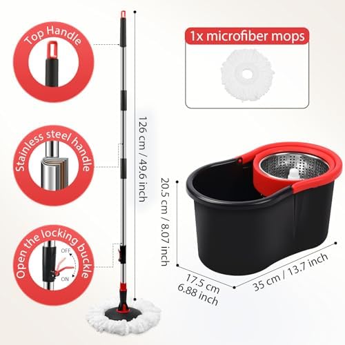Mopa Giratoria y Cubeta con Escurridor, Set de Mopa y Cubeta para Limpieza del Hogar, Incluye Cabezal de Repuesto de Microfibra y Mango Extensible de - imagen 2