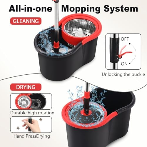 Mopa Giratoria y Cubeta con Escurridor, Set de Mopa y Cubeta para Limpieza del Hogar, Incluye Cabezal de Repuesto de Microfibra y Mango Extensible de - imagen 3