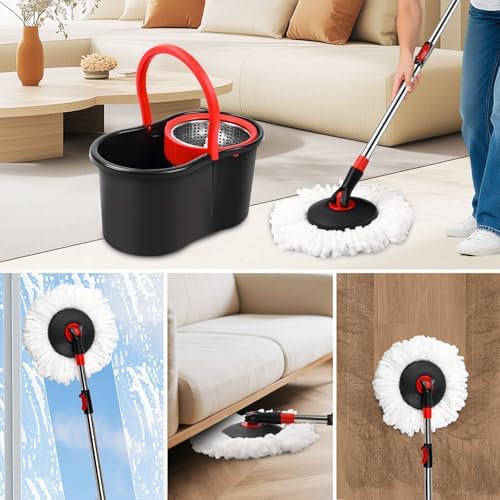 Mopa Giratoria y Cubeta con Escurridor, Set de Mopa y Cubeta para Limpieza del Hogar, Incluye Cabezal de Repuesto de Microfibra y Mango Extensible de - imagen 6
