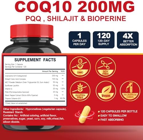 Quinovit CoQ10 200mg con PQQ y Shilajit - Alta Absorción con Bioperine - Suplemento Antioxidante para Corazón, Cerebro y Energía - 120 Cápsulas - imagen 2