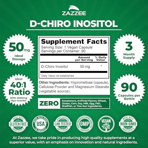 Zazzee D-Chiro-Inositol 50 mg por Cápsula, 90 Cápsulas Veganas, Ideal para Relación 40:1 con Myo-Inositol, Suministro de 3 Meses, 100% Vegetariano, - imagen 2