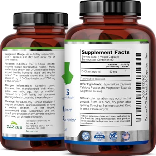 Zazzee D-Chiro-Inositol 50 mg por Cápsula, 90 Cápsulas Veganas, Ideal para Relación 40:1 con Myo-Inositol, Suministro de 3 Meses, 100% Vegetariano, - imagen 8