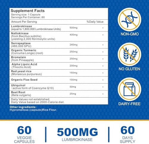 Complejo Liposomal de Lumbroquinasa, Nattokinasa y Serrapeptasa de Spliferkou, Suplemento para la Circulación, Salud del Corazón y Digestión, 60 - imagen 2