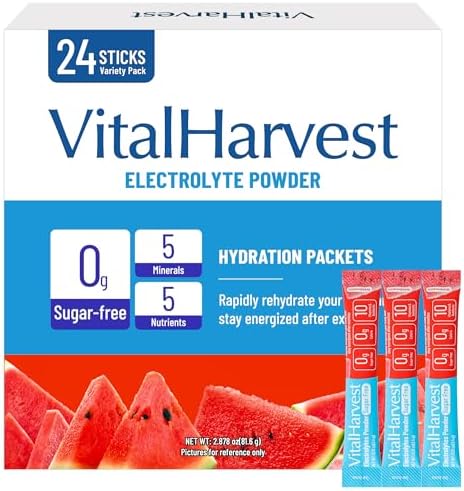 VitalHarvest 24 Paquetes de Polvo de Electrolitos Sin Azúcar, 7 Sabores, Hidratación Líquida, Mezcla para Bebida Diaria, Bajo en Sodio, Sandía - imagen 1