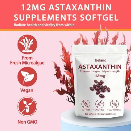 BELANO Astaxantina 12mg, Nuvapure Astaxantina 12mg, Fáciles de Tragar, No OGM, Suministro para 4 Meses, 120 Cápsulas Blandas - imagen 2