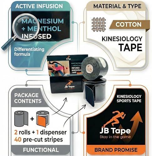 Cinta Kinesiológica JB Tape Infundida con Magnesio y Mentol – 2 Rollos Pre-cortados con Dispensador – Cinta Deportiva Resistente al Agua para Soporte - imagen 2