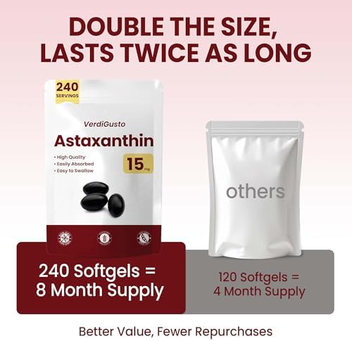 VerdiGusto Astaxantina 15mg | 240 Cápsulas Blandas | Suplemento Antioxidante | 8 Meses de Suministro | Salud Ocular y de la Piel | Sin GMO, Sin - imagen 6