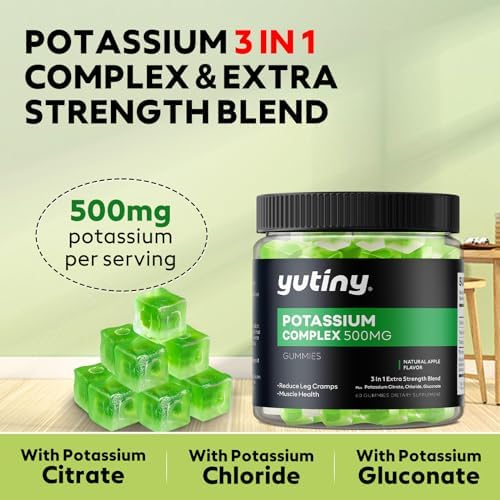 Suplemento de Potasio Yutiny 500mg 3 en 1 Gummies, Masticables con Citrato de Potasio, Cloruro y Gluconato, Mezcla de Alta Potencia, 60 Unidades - imagen 3