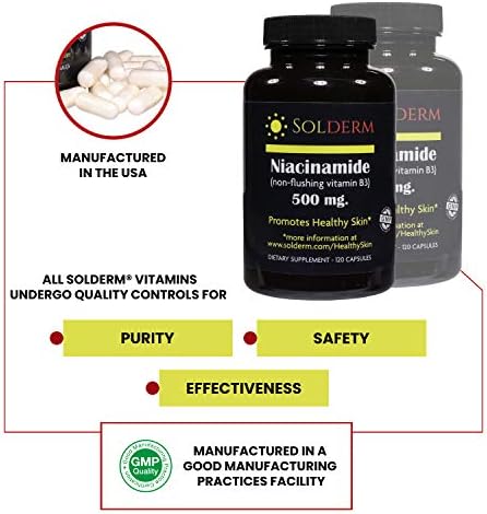 Suplemento de Niacinamida SOLDERM 500mg | Tabletas Vegetarianas y Sin Gluten | Promueve una Piel Saludable | 120 Cápsulas - imagen 3