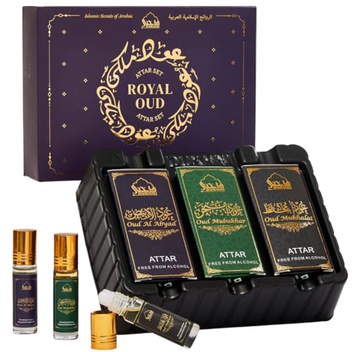Set de Aceites de Perfume Dukhni Royal Oud - 3 Mini Roll-On de 6ml, Fragancias Islámicas, Regalos para Eid y Ramadán para Hombres y Mujeres - imagen 1