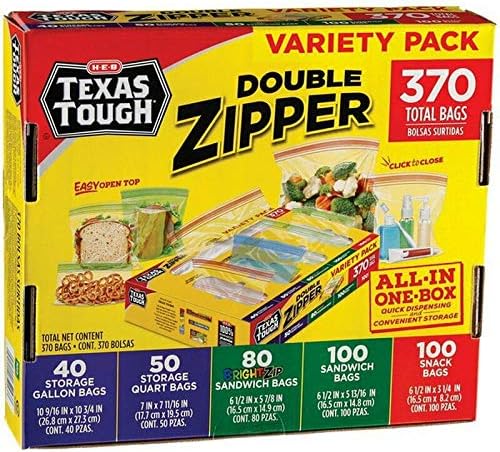 Bolsa de Almacenamiento Texas Tough - 370 Bolsas con Doble Cierre, Variedad de Tamaños: Galón, Cuartillo, Sándwich y Snack en una Caja - imagen 1